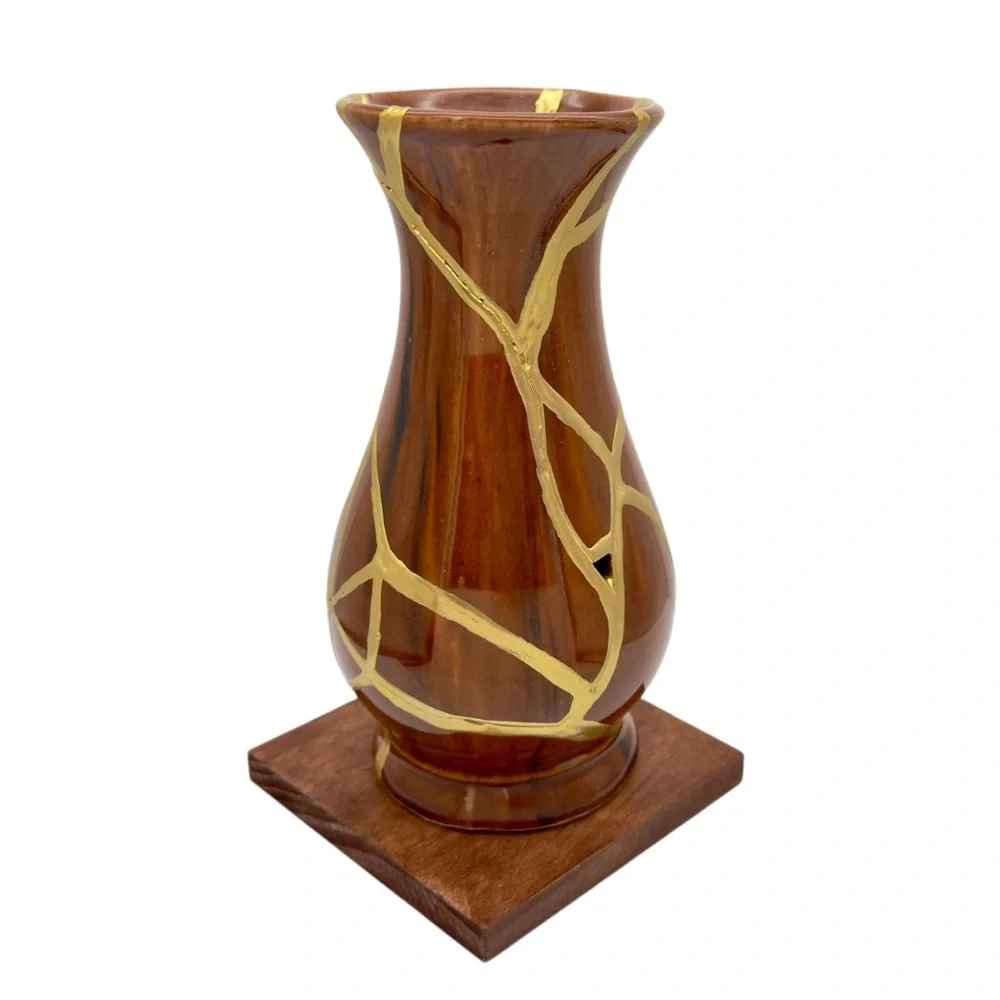 Kintsugi Vase Brown Glazed Pottery Gold Crack Art Anniversary Growth Gift - Picture 5 of 17